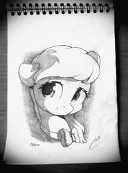 Size: 923x1248 | Tagged: safe, artist:freeedon, octavia melody, earth pony, pony, g4, bowtie, bust, female, grayscale, monochrome, portrait, smiling, solo, traditional art