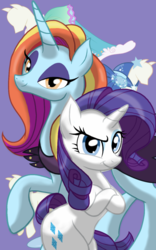Size: 1200x1920 | Tagged: safe, artist:theroyalprincesses, rarity, sassy saddles, pony, unicorn, g4, clothes, crossed arms, dress, hind legs, looking at you, mannequin, princess dress, raised hoof, simple background