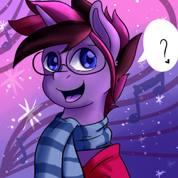 Size: 600x600 | Tagged: safe, artist:reyesroyalties, oc, oc only, oc:midnight coda, pony, clothes, cute, glasses, gradient background, music notes, question mark, scarf, solo, stars, vest