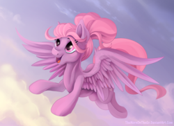 Size: 1024x745 | Tagged: safe, artist:thenornonthego, oc, oc only, oc:maple blush, pegasus, pony, cloud, female, flying, mare, race swap, solo, spread wings