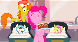 Size: 1360x736 | Tagged: safe, screencap, carrot cake, pinkie pie, pound cake, pumpkin cake, pony, baby cakes, g4, bipedal, cake, cake twins, eyes closed, food, hoof sucking, sleeping, smiling, swaddling