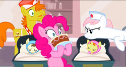 Size: 1360x730 | Tagged: safe, screencap, carrot cake, nurse redheart, pinkie pie, pound cake, pumpkin cake, pony, baby cakes, g4, angry, cake, cake twins, cute, food, hoof sucking, madorable, sleeping, stare, swaddling, unamused