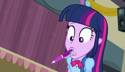 Size: 1904x1090 | Tagged: safe, screencap, twilight sparkle, equestria girls, g4, my little pony equestria girls, backpack, bowtie, female, humans doing horse things, mouth drawing, mouth hold, palindrome get, pen, solo