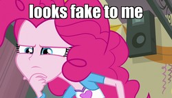 Size: 1904x1090 | Tagged: safe, edit, edited screencap, screencap, pinkie pie, equestria girls, g4, bracelet, clothes, female, hand on hip, image macro, jewelry, leaning forward, meme, reaction image, shirt, skirt, solo, teenager, thinking, vest
