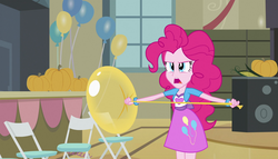 Size: 1904x1090 | Tagged: safe, screencap, pinkie pie, equestria girls, g4, my little pony equestria girls, angry, balloon, bracelet, clothes, corn, cute, female, food, jewelry, madorable, pumpkin, skirt, solo