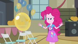 Size: 1904x1090 | Tagged: safe, screencap, pinkie pie, equestria girls, g4, my little pony equestria girls, angry, balloon, bracelet, chair, clothes, corn, female, food, jewelry, pumpkin, skirt, solo