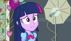 Size: 1904x1090 | Tagged: safe, screencap, twilight sparkle, equestria girls, g4, my little pony equestria girls, backpack, balloon, bowtie, camera, female, light umbrella, solo, worried