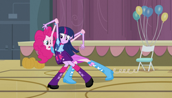 Size: 1904x1090 | Tagged: safe, screencap, pinkie pie, twilight sparkle, equestria girls, g4, my little pony equestria girls, backpack, balloon, boots, bracelet, chair, clothes, high heel boots, jewelry, pumpkin, skirt