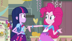 Size: 1904x1090 | Tagged: safe, screencap, pinkie pie, twilight sparkle, equestria girls, g4, my little pony equestria girls, backpack, balloon, bowtie, bracelet, camera, clothes, jewelry, pumpkin, skirt