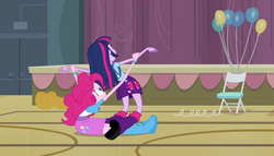 Size: 1904x1090 | Tagged: safe, screencap, pinkie pie, twilight sparkle, equestria girls, g4, my little pony equestria girls, backpack, balloon, boots, bracelet, chair, clothes, high heel boots, jewelry, pumpkin, skirt