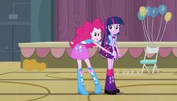 Size: 1904x1090 | Tagged: safe, screencap, pinkie pie, twilight sparkle, equestria girls, g4, my little pony equestria girls, backpack, balloon, boots, bracelet, chair, clothes, high heel boots, jewelry, pumpkin, skirt