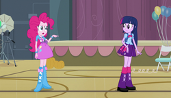 Size: 1904x1090 | Tagged: safe, screencap, pinkie pie, twilight sparkle, alicorn, equestria girls, g4, my little pony equestria girls, backpack, balloon, boots, bracelet, camera, chair, clothes, implied sci-twi, jewelry, leg warmers, pointing, pumpkin, skirt, twilight sparkle (alicorn)