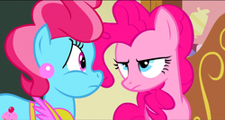 Size: 1360x730 | Tagged: safe, screencap, cup cake, pinkie pie, pony, baby cakes, g4, lidded eyes, serious, sugarcube corner