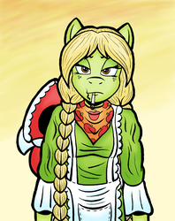 Size: 950x1200 | Tagged: safe, artist:regularmouseboy, apple bloom, applejack, big macintosh, granny smith, anthro, g4, apple family, bad girl, blazing conflict, bonnet, cigarette, clothes, comic style, dress, freckles, male, painting, scarf, solo, texture, young granny smith, younger