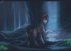 Size: 1239x900 | Tagged: safe, artist:orfartina, oc, oc only, earth pony, pony, cave, male, raised hoof, river, solo, stallion, tree, waterfall