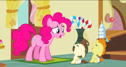 Size: 1360x730 | Tagged: safe, screencap, pinkie pie, pound cake, pumpkin cake, pony, baby cakes, g4, baby, cake twins, crying, diaper, floppy ears, sugarcube corner