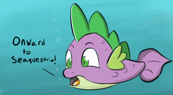 Size: 1280x704 | Tagged: safe, artist:itsthinking, spike, puffer fish, g4, my little pony: the movie, bubble, fins, gradient background, male, ocean, open mouth, open smile, scales, seaquestria, smiling, solo, species swap, spike the pufferfish, swimming, text, underwater, water