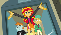 Size: 1904x1090 | Tagged: safe, screencap, snails, snips, sunset shimmer, equestria girls, g4, my little pony equestria girls, clothes, jacket, leather jacket, open arms, scissors, skirt