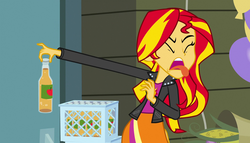 Size: 1904x1090 | Tagged: safe, screencap, sunset shimmer, equestria girls, g4, my little pony equestria girls, apple cider, balloon, cider, clothes, corn, disgusted, food, jacket, leather jacket, meme, meme origin, skirt, sunset is disgusted, tongue out