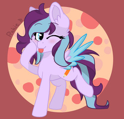 Size: 1476x1416 | Tagged: safe, artist:biskhuit, oc, oc only, pegasus, pony, blushing, colored wings, female, mare, multicolored wings, one eye closed, raised leg, solo, tongue out, wink