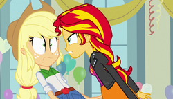 Size: 1904x1090 | Tagged: safe, screencap, applejack, sunset shimmer, equestria girls, g4, my little pony equestria girls, balloon, breasts, clothes, female, jacket, leather jacket