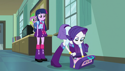 Size: 1904x1090 | Tagged: safe, screencap, rarity, spike, twilight sparkle, dog, equestria girls, g4, my little pony equestria girls, backpack, bag, book, boots, bowtie, bracelet, clothes, eyes on the prize, high heel boots, jewelry, looking at butt, skirt, spike the dog, television