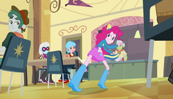 Size: 1904x1090 | Tagged: safe, screencap, bright idea, granny smith, photo finish, pinkie pie, scott green, equestria girls, g4, my little pony equestria girls, balloon, boots, chair, clothes, helping twilight win the crown, high heel boots, skirt, wondercolts uniform