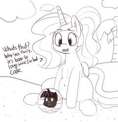 Size: 1280x1328 | Tagged: safe, artist:pabbley, princess celestia, twilight sparkle, pony, g4, 30 minute art challenge, belly button, cast away, cloud, dialogue, ear fluff, female, insanity, island, monochrome, open mouth, sitting, snaplestia, solo, stranded, wilson (cast away)