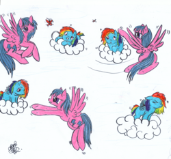 Size: 2646x2463 | Tagged: safe, artist:vegemiteguzzler, firefly, rainbow dash, butterfly, pegasus, pony, g1, g4, buzzing wings, cloud, colored pencil drawing, female, filly, filly rainbow dash, firefly as rainbow dash's mom, foal, g1 to g4, generation leap, high res, mare, mother and child, mother and daughter, on a cloud, standing on a cloud, traditional art, wings