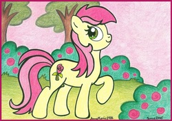 Size: 1024x724 | Tagged: safe, artist:annemarie1986, roseluck, pony, g4, bush, female, solo, traditional art, tree