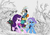 Size: 2000x1414 | Tagged: safe, artist:ruhisu, discord, starlight glimmer, thorax, trixie, changeling, draconequus, pony, unicorn, g4, to where and back again, backpack, badass, castle, clothes, commission, detailed, fangs, finale, group, hat, heroic posing, hissing, hive, lineart, raised hoof, reformed four, tongue out, updated, wasteland, wip