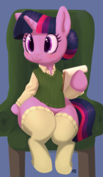 Size: 929x1600 | Tagged: safe, artist:pabbley, artist:transgressors-reworks, edit, twilight sparkle, unicorn, semi-anthro, g4, alternate hairstyle, clothes, female, hair bun, mare, notepad, simple background, sitting, smiling, socks, solo, sweater, thigh highs, thighlight sparkle, thunder thighs, wide hips