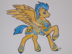 Size: 1024x768 | Tagged: safe, artist:chi-bird, flash sentry, pegasus, pony, g4, armor, badass, lidded eyes, looking at you, male, pegasus royal guard, raised hoof, royal guard, simple background, smirk, solo, spread wings, stallion, watermark, white background