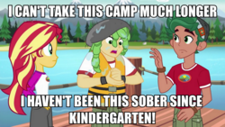 Size: 978x550 | Tagged: safe, edit, edited screencap, screencap, sandalwood, sunset shimmer, timber spruce, equestria girls, g4, my little pony equestria girls: legend of everfree, background human, drugs, eco kid insults, image macro, meme