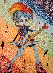Size: 1024x1414 | Tagged: safe, artist:berrydiamond93, rainbow dash, equestria girls, friendship through the ages, g4, my little pony equestria girls: rainbow rocks, boots, clothes, electric guitar, female, guitar, legs, musical instrument, open mouth, playing, skirt, solo, traditional art, watermark
