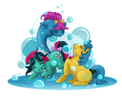 Size: 1000x787 | Tagged: safe, artist:jullelin, bubbles (g1), fizzy, wave jumper, earth pony, pony, sea pony, unicorn, g1, playing, raised hoof, simple background, transparent background, trio