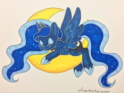 Size: 1442x1081 | Tagged: safe, artist:bumblebun, princess luna, alicorn, pony, g4, crescent moon, cuddling, eyeshadow, female, jewelry, makeup, mare, moon, prone, regalia, simple background, sleeping, sleeping on moon, smiling, snuggling, solo, spread wings, tangible heavenly object, traditional art, wings