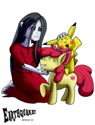 Size: 915x1201 | Tagged: safe, artist:earthquake87, apple bloom, human, pikachu, g4, child, chin scratch, corpse party, crossover, cute, cutie mark, eyes closed, ikue otani, pikabloom, pokémon, sachiko shinozaki, simple background, smiling, the cmc's cutie marks, transparent background, voice actor joke