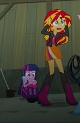 Size: 338x516 | Tagged: safe, screencap, sunset shimmer, twilight sparkle, equestria girls, g4, my little pony equestria girls: rainbow rocks, boots, clothes, high heel boots, jacket, leather jacket, skirt