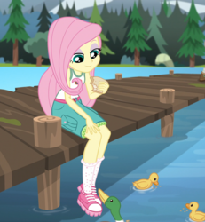 Size: 1570x1700 | Tagged: safe, edit, edited screencap, screencap, fluttershy, bird, duck, equestria girls, g4, my little pony equestria girls: legend of everfree, bread, clothes, cute, duckling, food, legs, pier, shoes, shyabetes, sitting, skirt, smiling, socks, tank top, tree, water