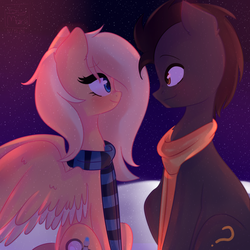 Size: 1024x1024 | Tagged: safe, artist:marisdoodles, oc, oc only, earth pony, pegasus, pony, clothes, duo, female, male, oc x oc, scarf, shipping, straight