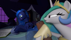 Size: 1920x1080 | Tagged: dead source, safe, artist:strangedesirexxx, princess celestia, princess luna, alicorn, pony, g4, 3d, air inflation, air tank, bed, bedroom, blushing, book, butt inflation, drunk, drunk luna, drunklestia, female, inflation, luna's room, on bed, reading, source filmmaker, video at source, youtube link