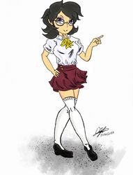 Size: 1300x1700 | Tagged: safe, artist:bumblebee358, oc, oc only, oc:solaria, human, clothes, commission, cute, glasses, humanized, humanized oc, kneesocks, microskirt, miniskirt, necktie, ocbetes, pleated skirt, shoes, skirt, socks, solo, thigh highs, thigh socks, zettai ryouiki