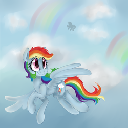 Size: 6500x6500 | Tagged: safe, artist:appleychu, rainbow dash, pegasus, pony, g4, absurd resolution, cloud, female, flying, looking away, looking up, rainbow, sky, smiling, solo, spread wings
