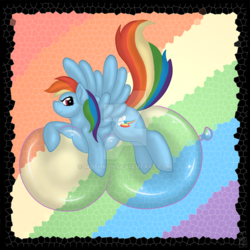 Size: 900x900 | Tagged: safe, artist:mothkyn, rainbow dash, pony, g4, balloon, balloon fetish, balloon riding, female, fetish, looking at you, party balloon, prone, rainbow background, solo, spread wings, that pony sure does love balloons, watermark