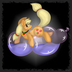 Size: 900x900 | Tagged: safe, artist:mothkyn, applejack, earth pony, pony, g4, balloon, balloon fetish, balloon riding, black background, blushing, female, fetish, food, jewelry, looking at you, necklace, party balloon, peach, prone, simple background, solo, that pony sure does love balloons, watermark