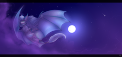 Size: 4200x1960 | Tagged: safe, artist:nightskrill, oc, oc only, dracony, hybrid, pony, commission, female, flying, full moon, high res, large wings, looking at you, mare, moon, night, solo, wings