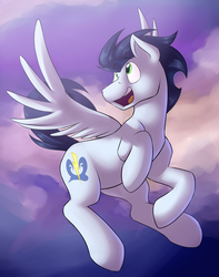 Size: 3481x4425 | Tagged: safe, artist:dripponi, artist:lattynskit, soarin', pegasus, pony, g4, flying, high res, looking at something, male, open mouth, solo, stallion