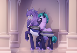 Size: 1408x974 | Tagged: safe, artist:mylittlesheepy, oc, oc only, oc:amelia valkyria, oc:midnight chastise, bat pony, pony, armor, captain rank, cloak, clothes, duo, ear piercing, earring, eye scar, fangs, general rank, hallway, hoof shoes, horseshoes, jewelry, lip piercing, looking at each other, mare, night guard, open mouth, piercing, raised hoof, scar, smiling, walking