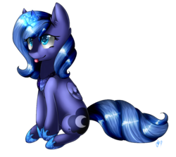 Size: 997x889 | Tagged: safe, artist:alithecat1989, princess luna, alicorn, pony, cute, female, filly, lunabetes, magic, s1 luna, simple background, sitting, smiling, solo, starry eyes, tongue out, transparent background, wingding eyes, woona, younger